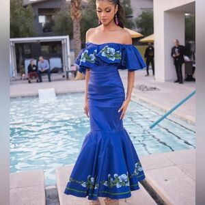 Elegant Blue Floral Off-Shoulder Dress